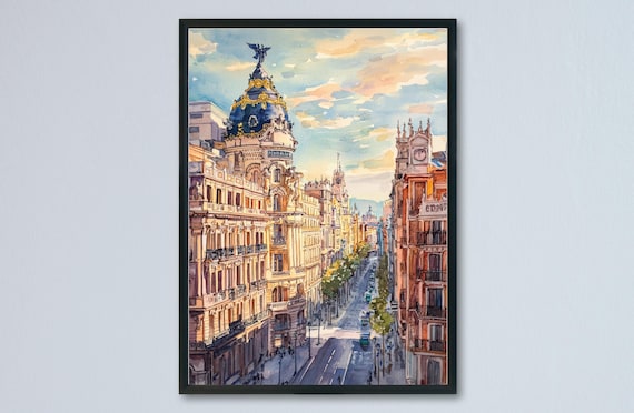 Madrid Gran Via Metropolis Building Watercolor Cityscape Wall Poster