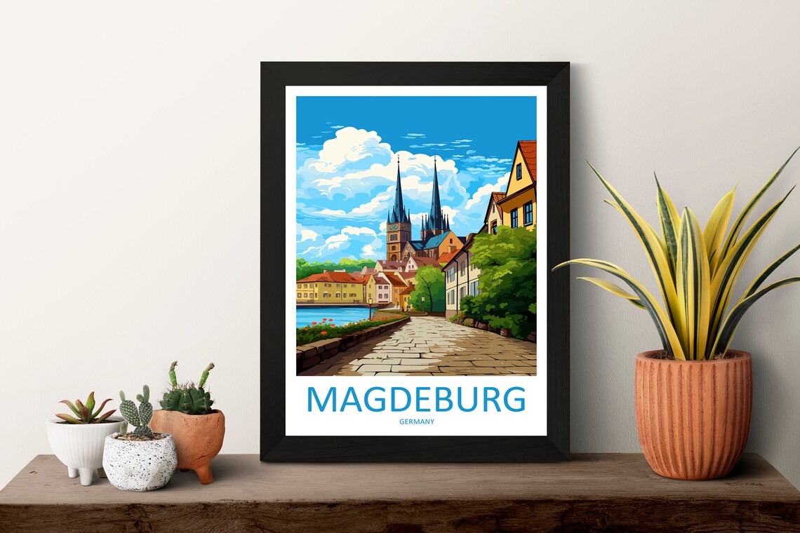 Magdeburg Germany Cobblestone Street Cathedral Towers Poster - Image 3