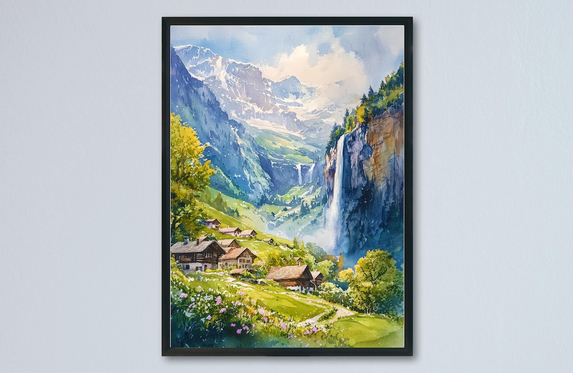 Grindelwald Valley Waterfall Alpine Village Watercolor Travel Poster