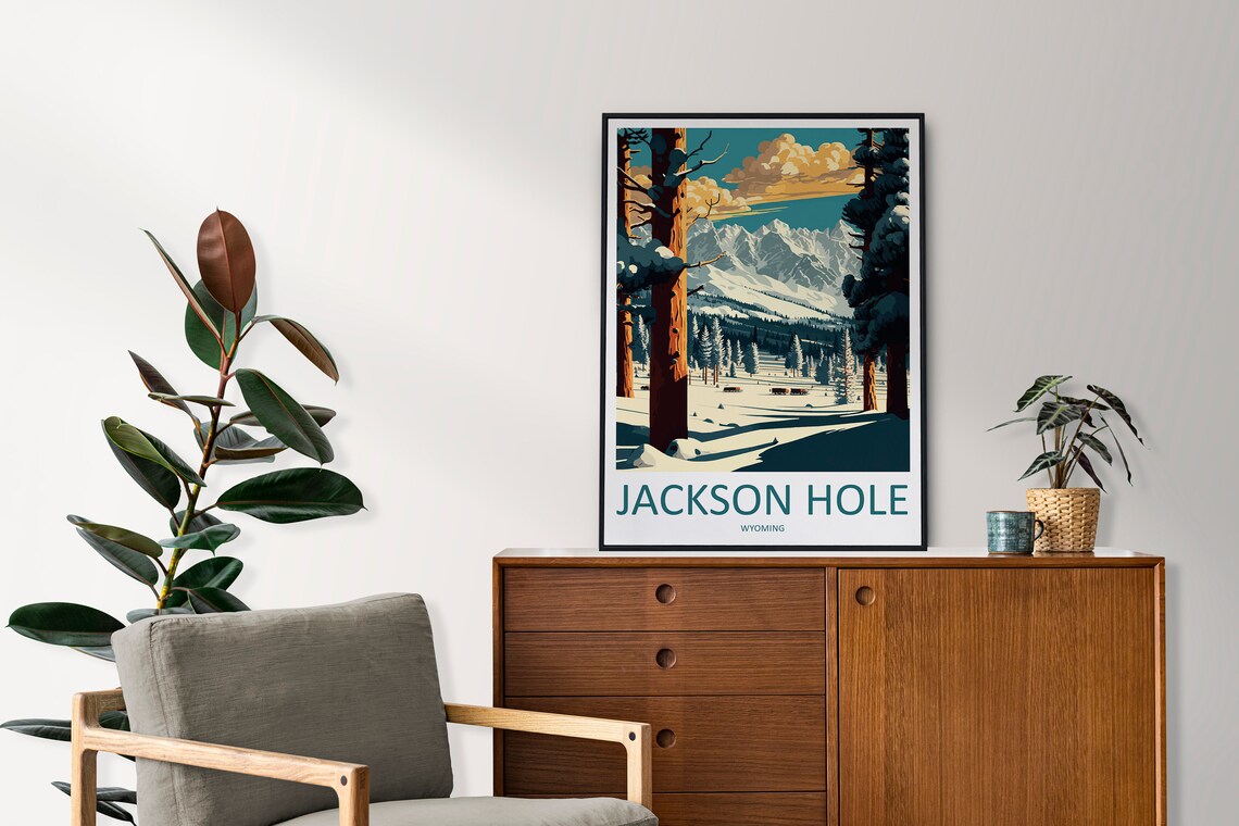 Jackson Hole Wyoming Snowy Valley Pine Forest Winter Travel Poster - Image 2