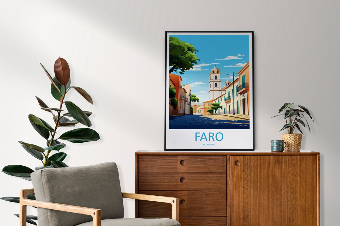 Faro Portugal Sunny Old Town Street with Church Tower Travel Poster - Image 2