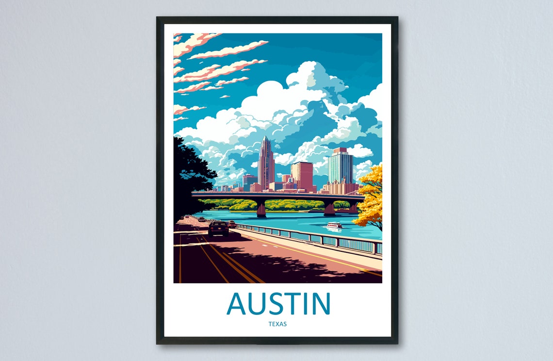 Austin Texas Downtown Skyline River Bridge Sunset Travel Poster