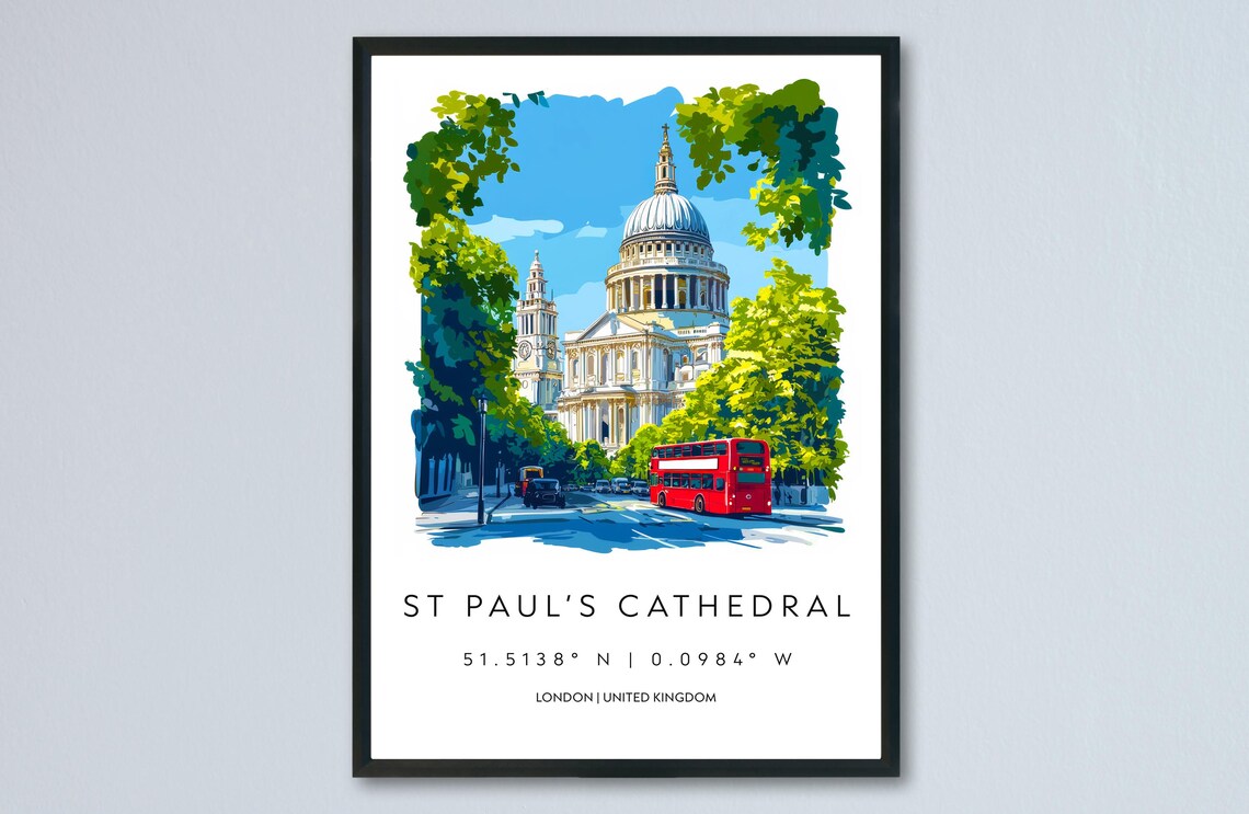 Iconic St Pauls Cathedral London Red Bus Watercolor Travel Poster