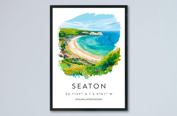 Seaton Watercolor Travel Poster, Devon Coastal Town