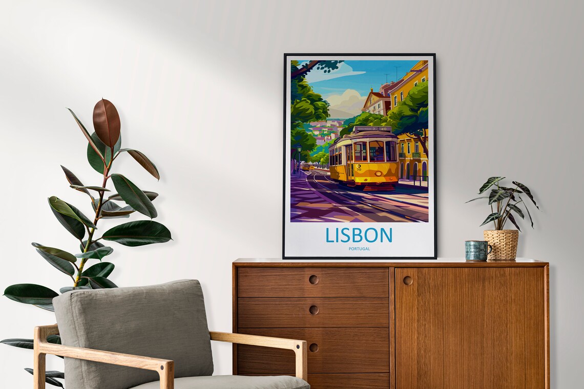 Lisbon Portugal Vintage Sunny Bright Yellow Tram Streetcar Poster - Image 2