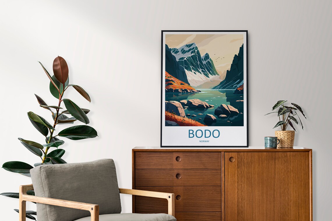 Bodo Norway Snowy Mountain Peak Fjord Lake Sunrise Travel Poster - Image 2