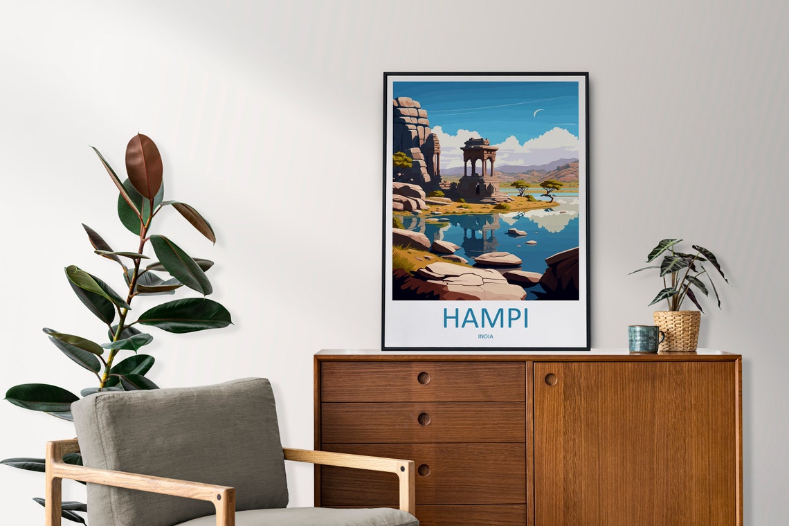 Retro Hampi Travel Poster with Illustrated Temple Ruins Scene - Image 2