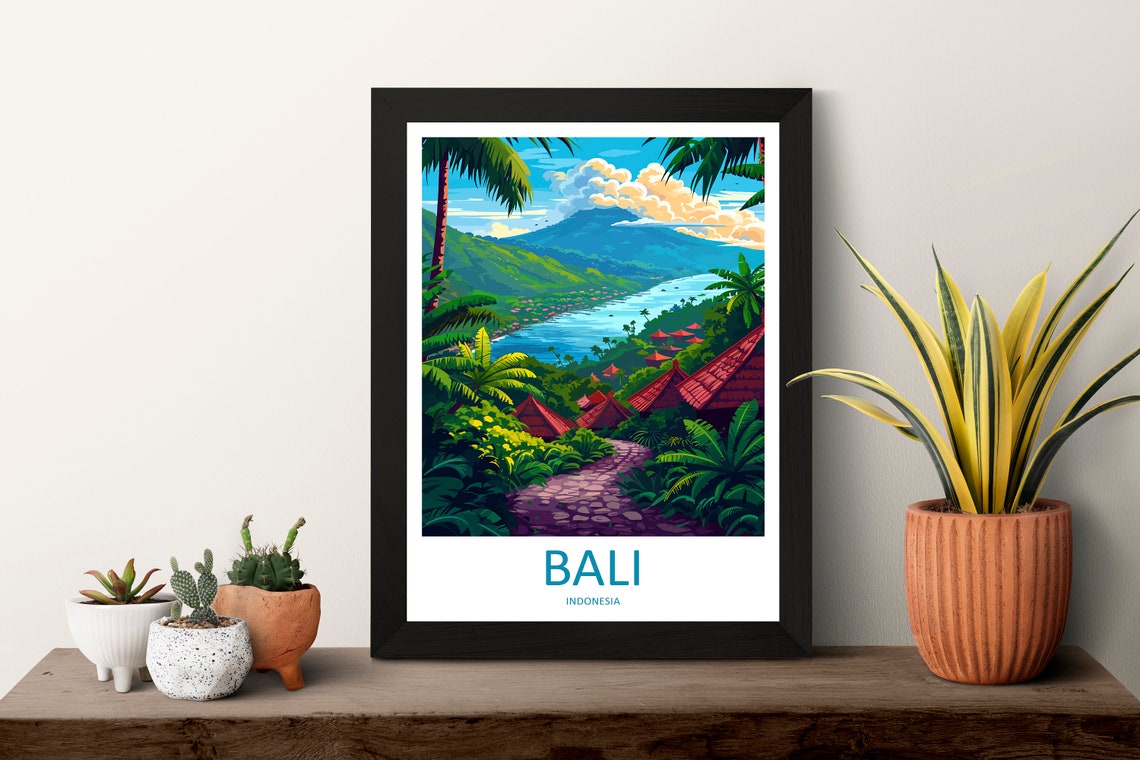 Bali Indonesia Tropical Lake Temple Volcano Jungle Travel Poster - Image 3