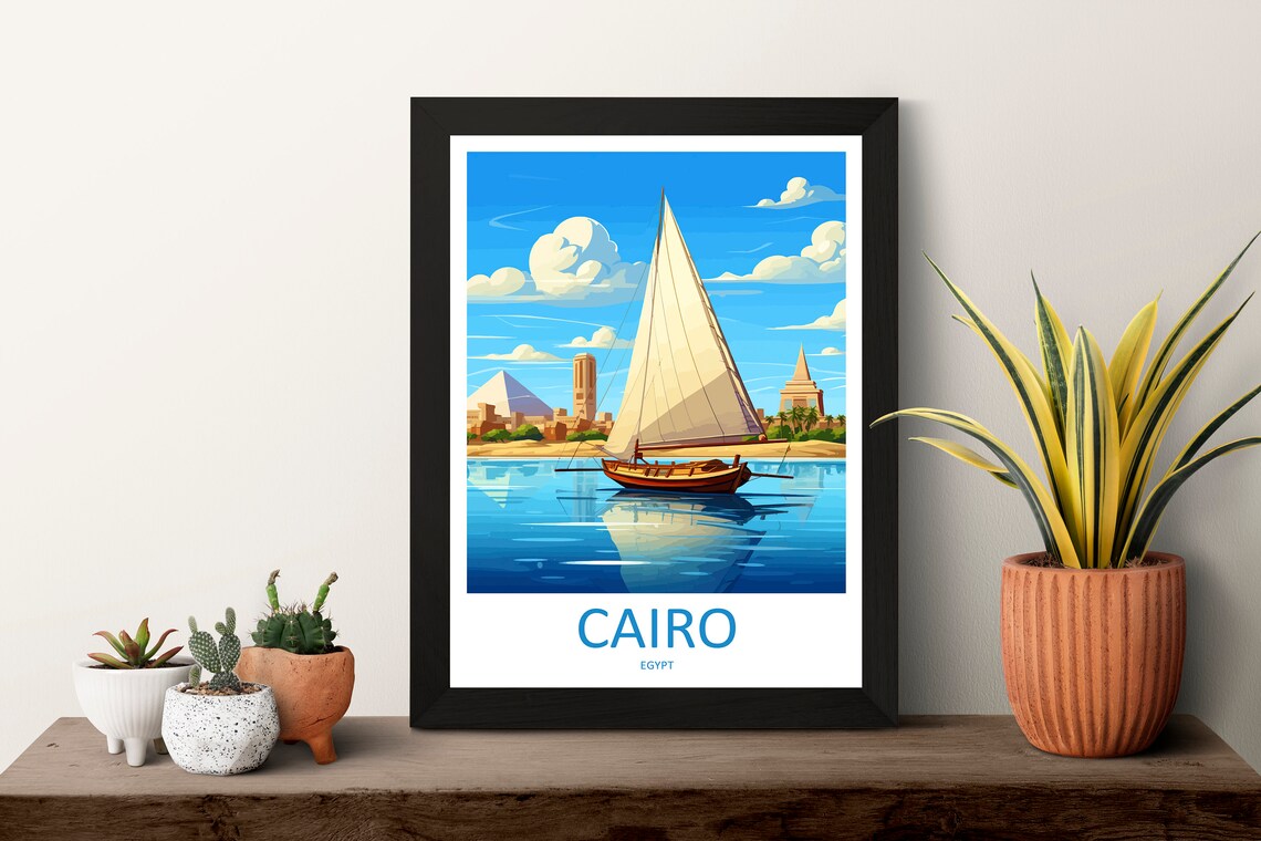 Cairo Felucca Sailboat Pyramids Nile River Egypt Travel Art Poster - Image 3