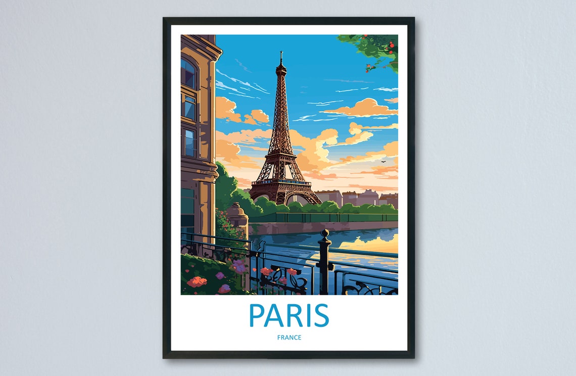 Paris France Eiffel Tower Seine Riverside Terrace Sunset Poster