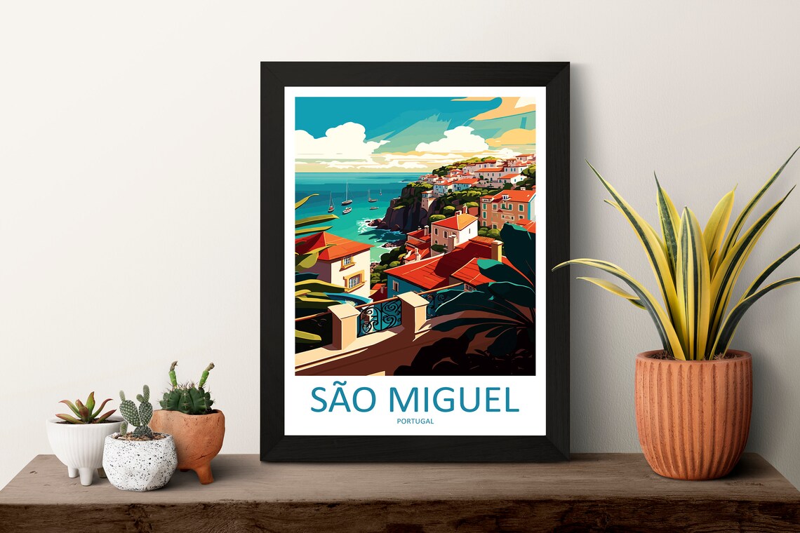 Sao Miguel Portugal Cliffside Town Sailboats Coastal View Poster - Image 3
