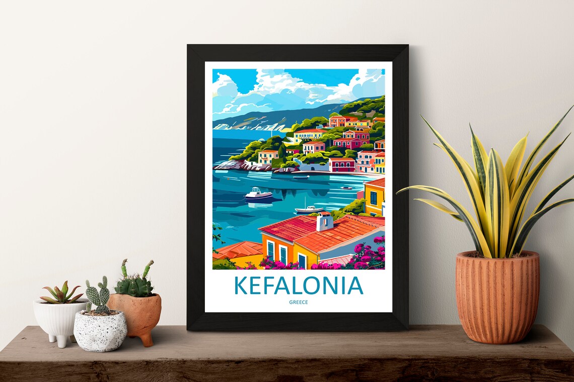 Kefalonia Greece Hillside Village Coastal Harbor Travel Poster - Image 3