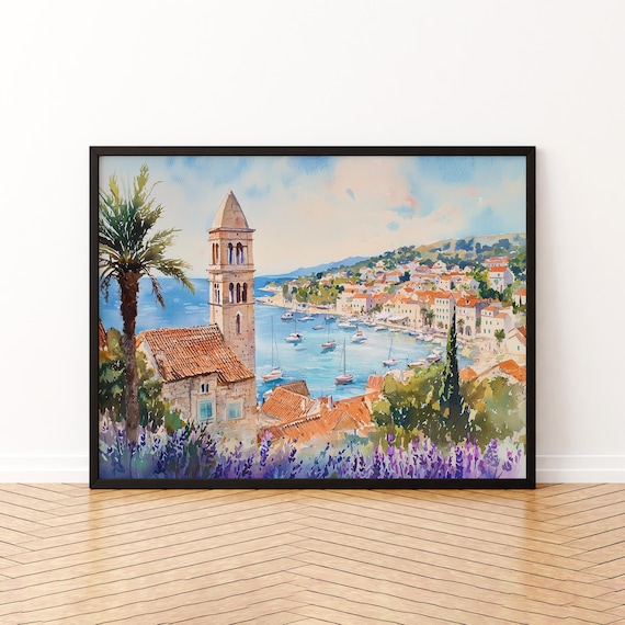 Hvar Harbor Church Tower Sailboats Lavender Croatia Watercolor Poster