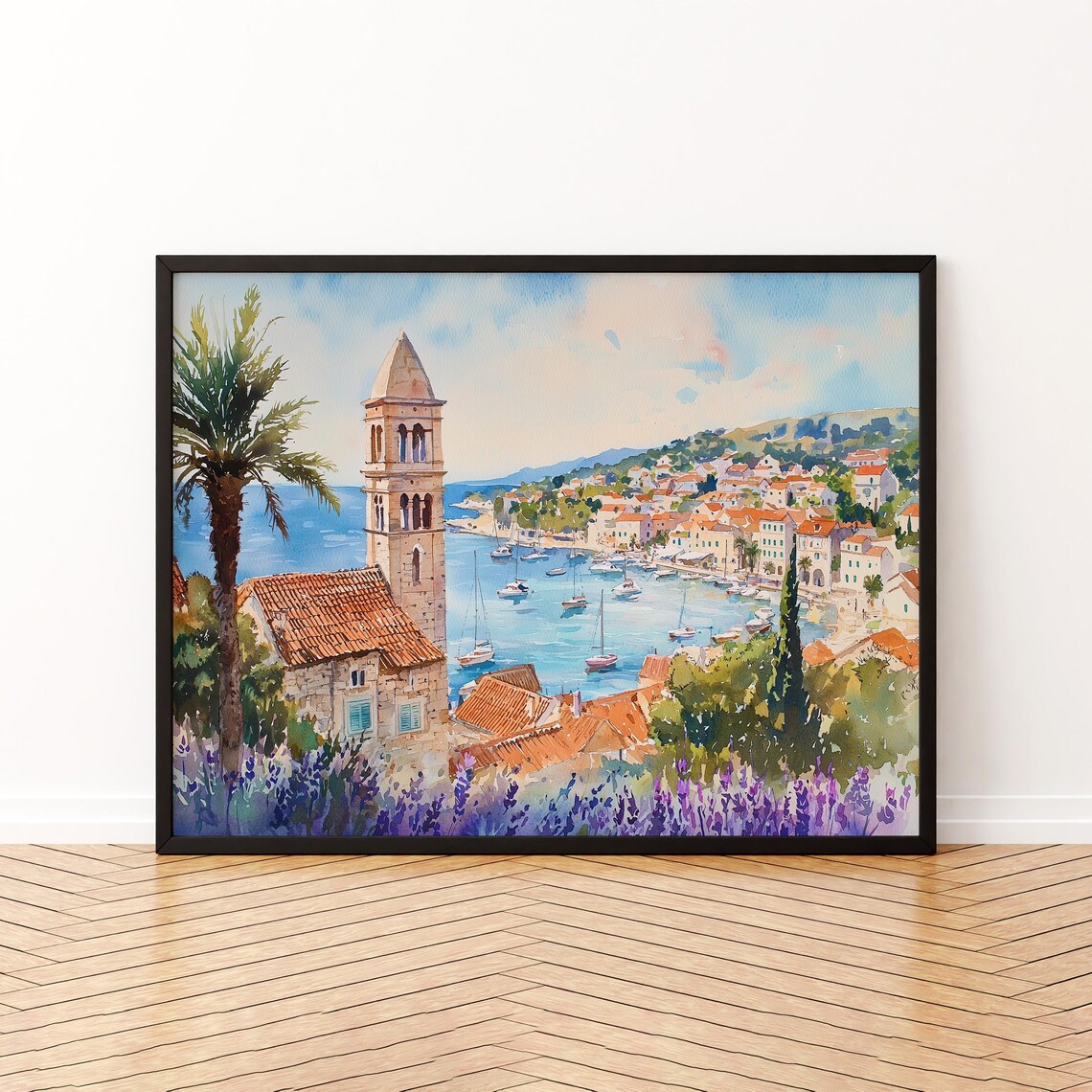 Hvar Harbor Church Tower Sailboats Lavender Croatia Watercolor Poster