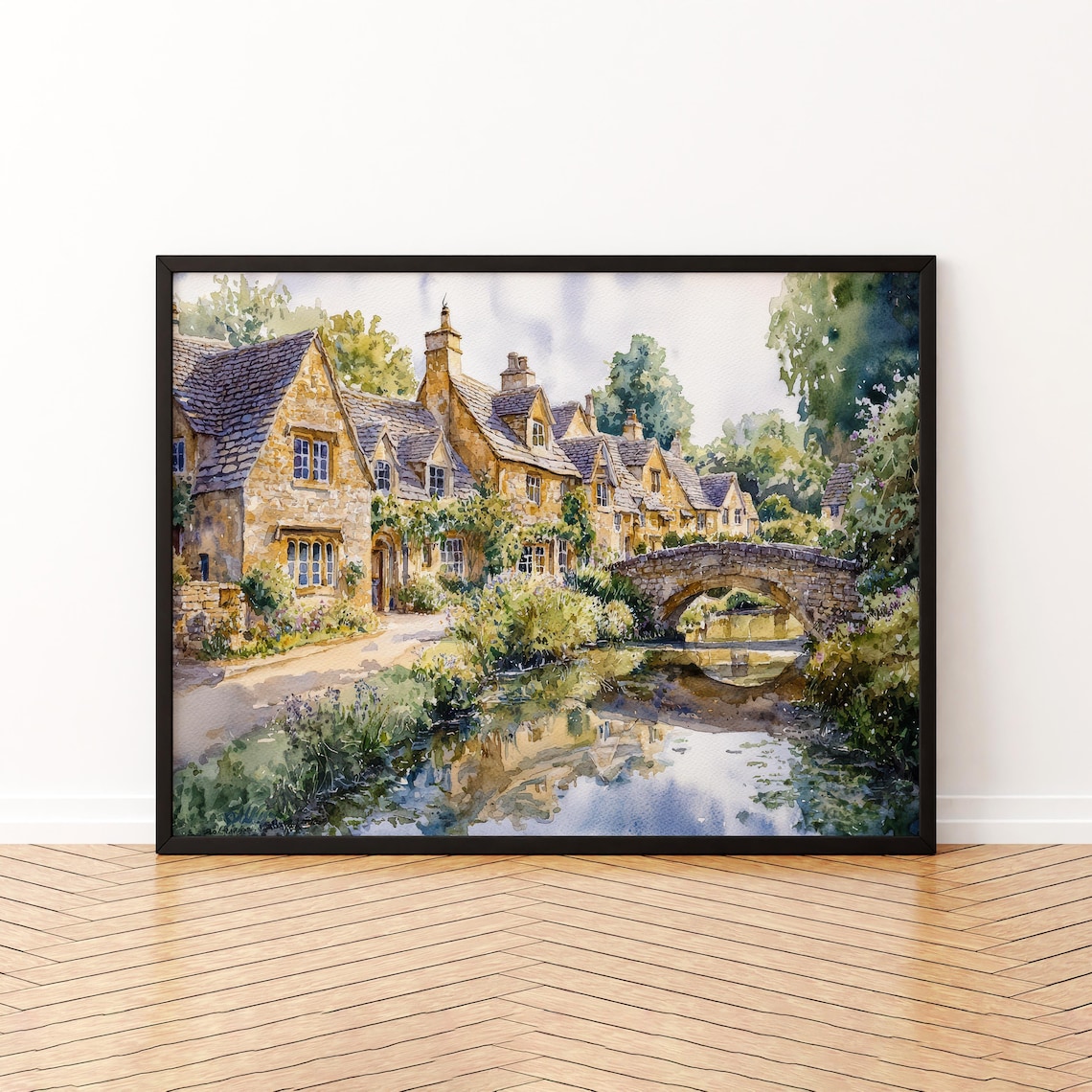 Cotswolds England Watercolor Travel Poster, Village Landscape