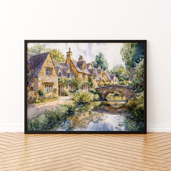 Cotswolds England Watercolor Travel Poster, Village Landscape