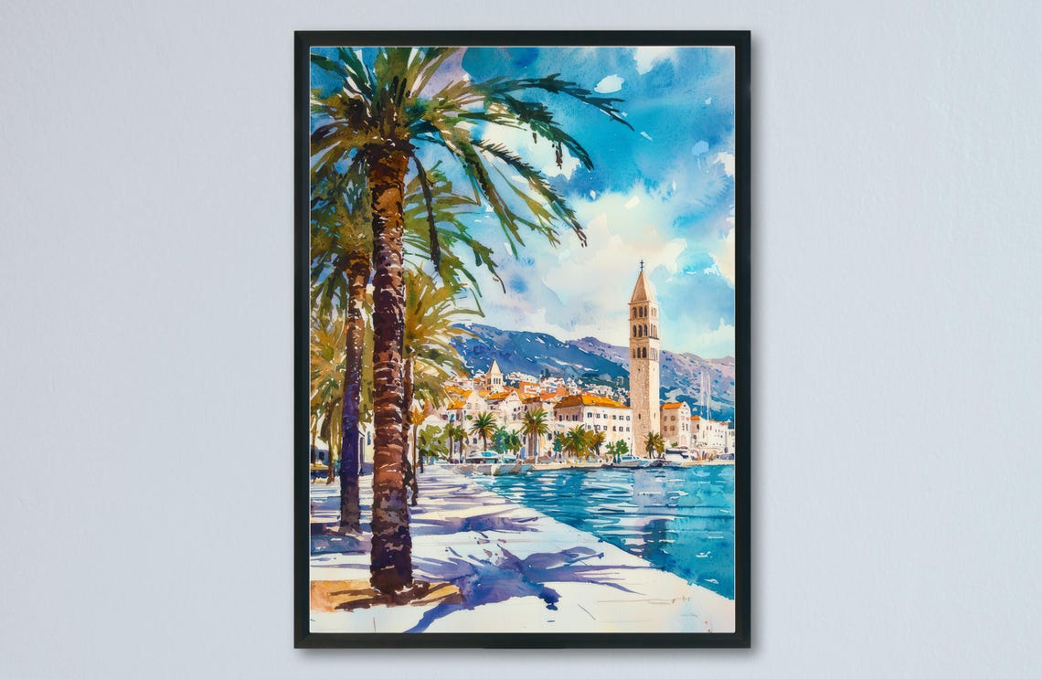 Split Croatia Palm Lined Waterfront Bell Tower Watercolor Poster