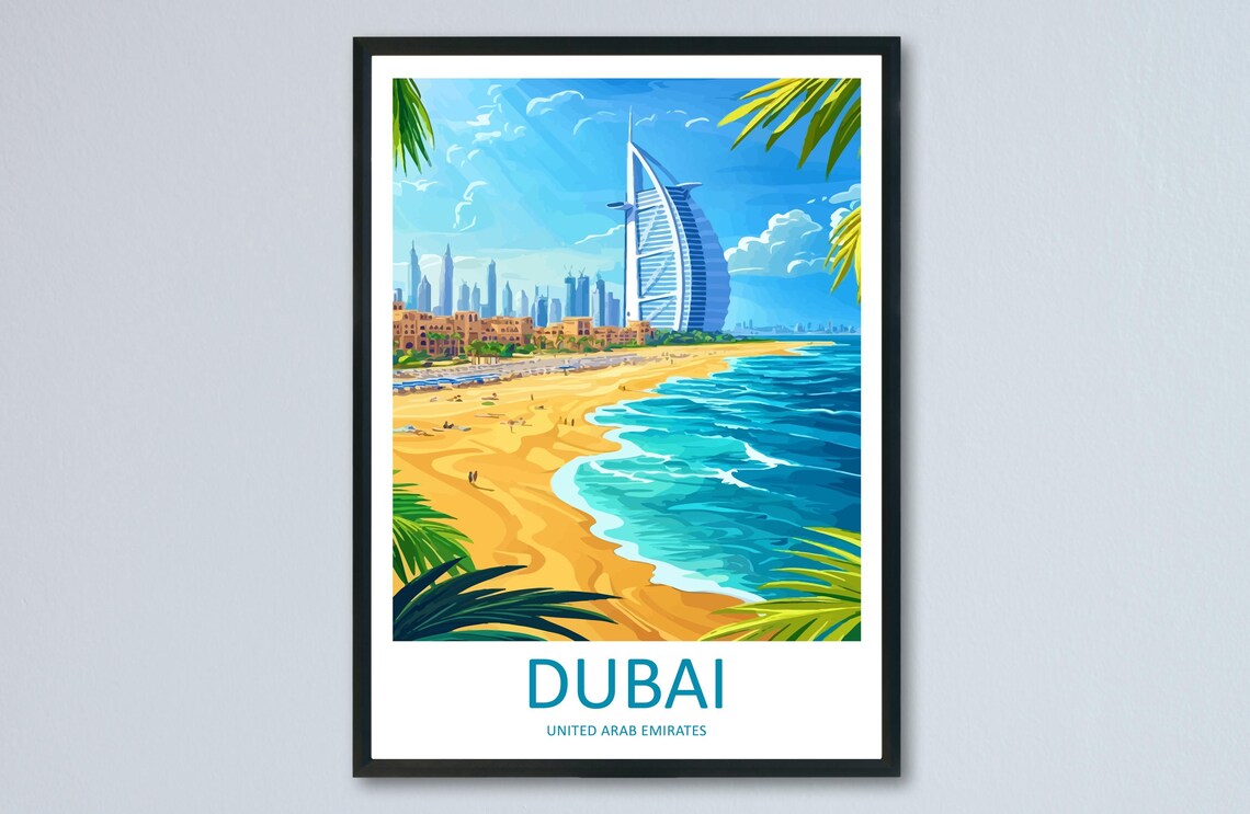 Dubai Burj Al Arab Beach Skyline UAE Vintage Travel Poster Art