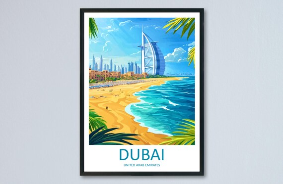 Dubai Burj Al Arab Beach Skyline UAE Vintage Travel Poster Art