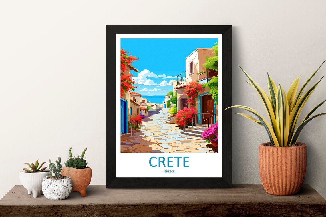 Crete Greece Charming Village Street Bougainvillea Sea Poster - Image 3