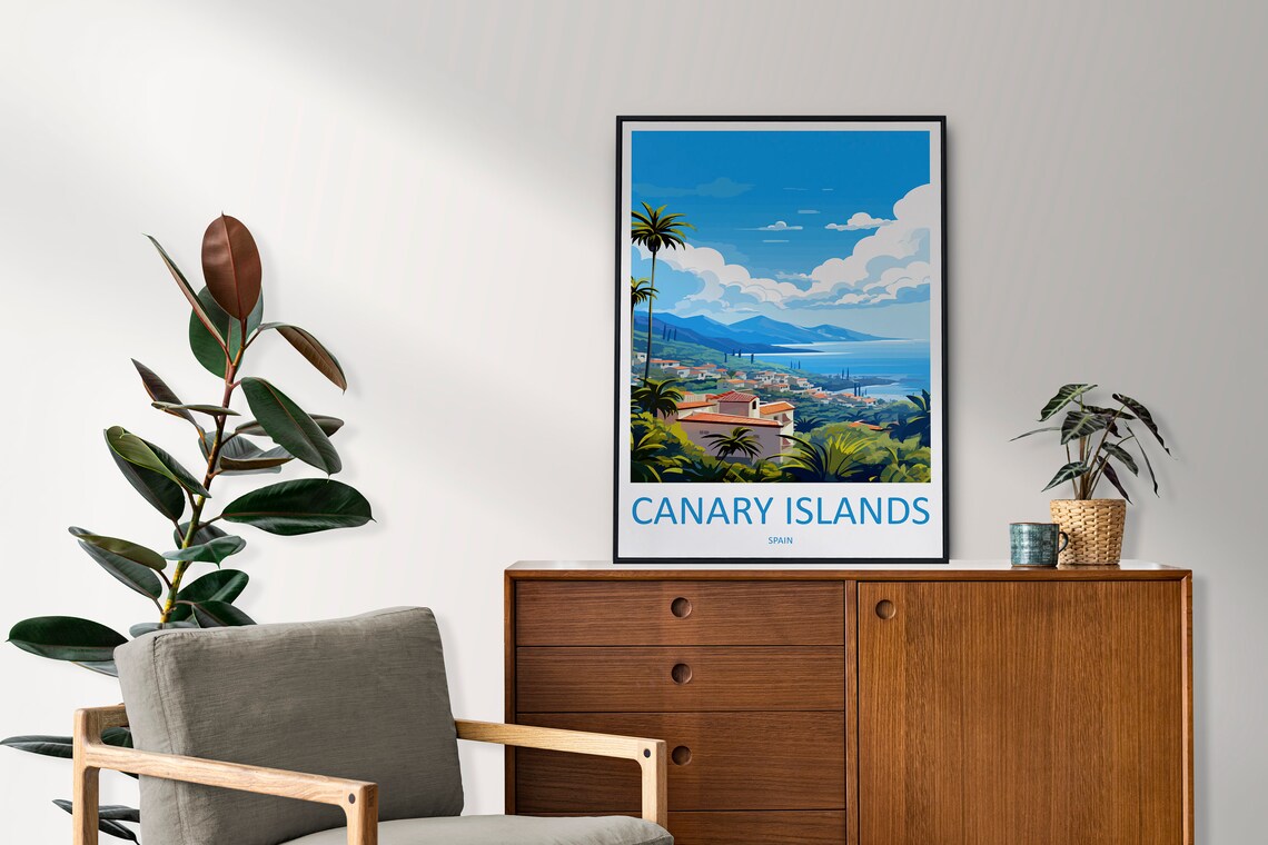 Canary Islands Spain Coastal Hillside Village Illustration Poster - Image 2