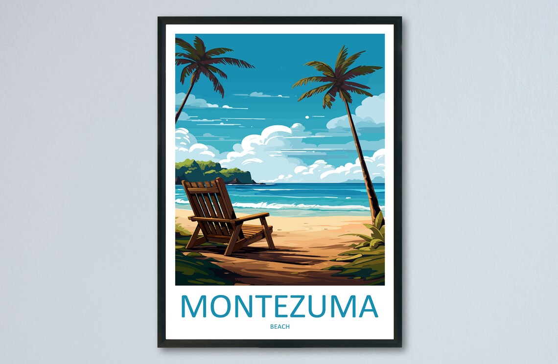 Montezuma Beach Costa Rica Chair Palms Shore Vintage Travel Poster