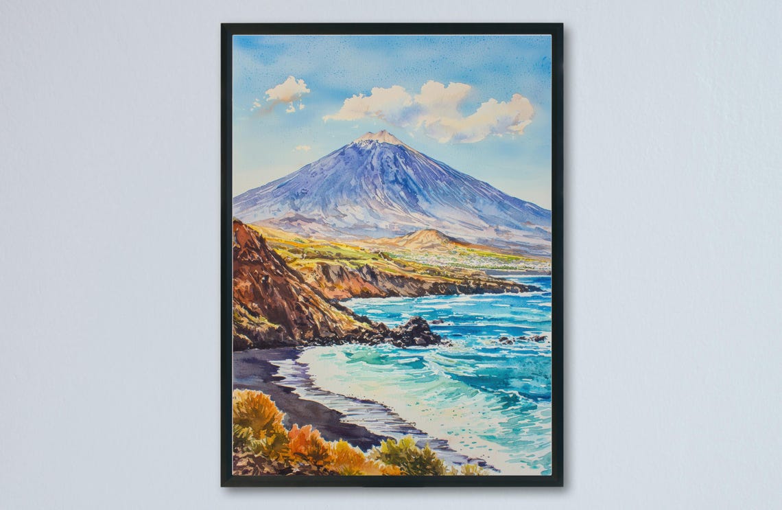 Tenerife Mount Teide Volcano Ocean Coast Watercolor Art Poster