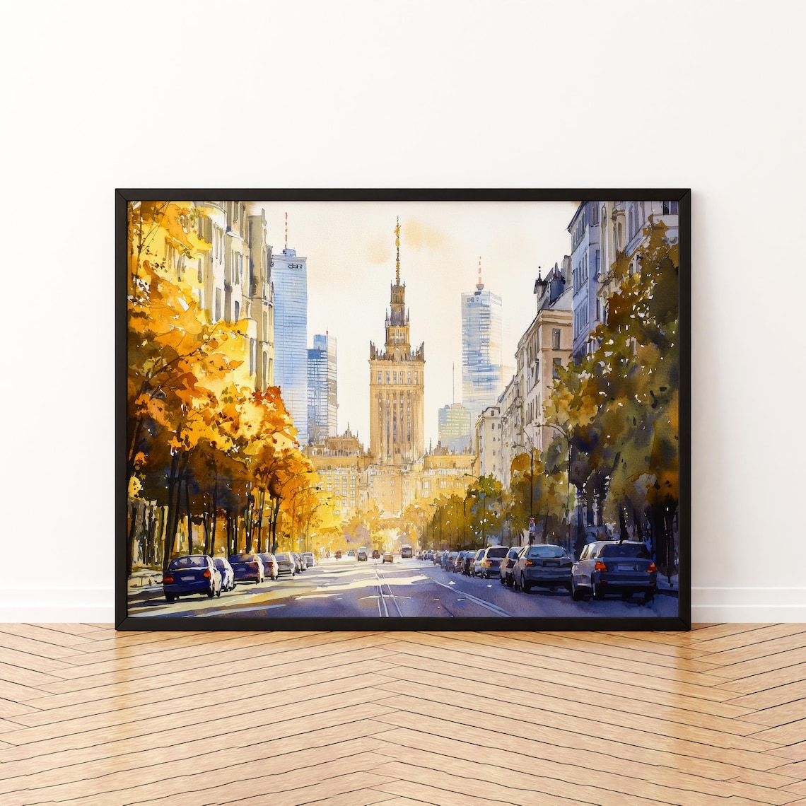 Warsaw Poland Palace Of Culture Autumn Avenue Watercolor City Poster