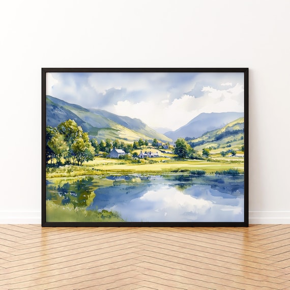Coniston England Lake Cottages Watercolor Poster Lake District Scenic Art