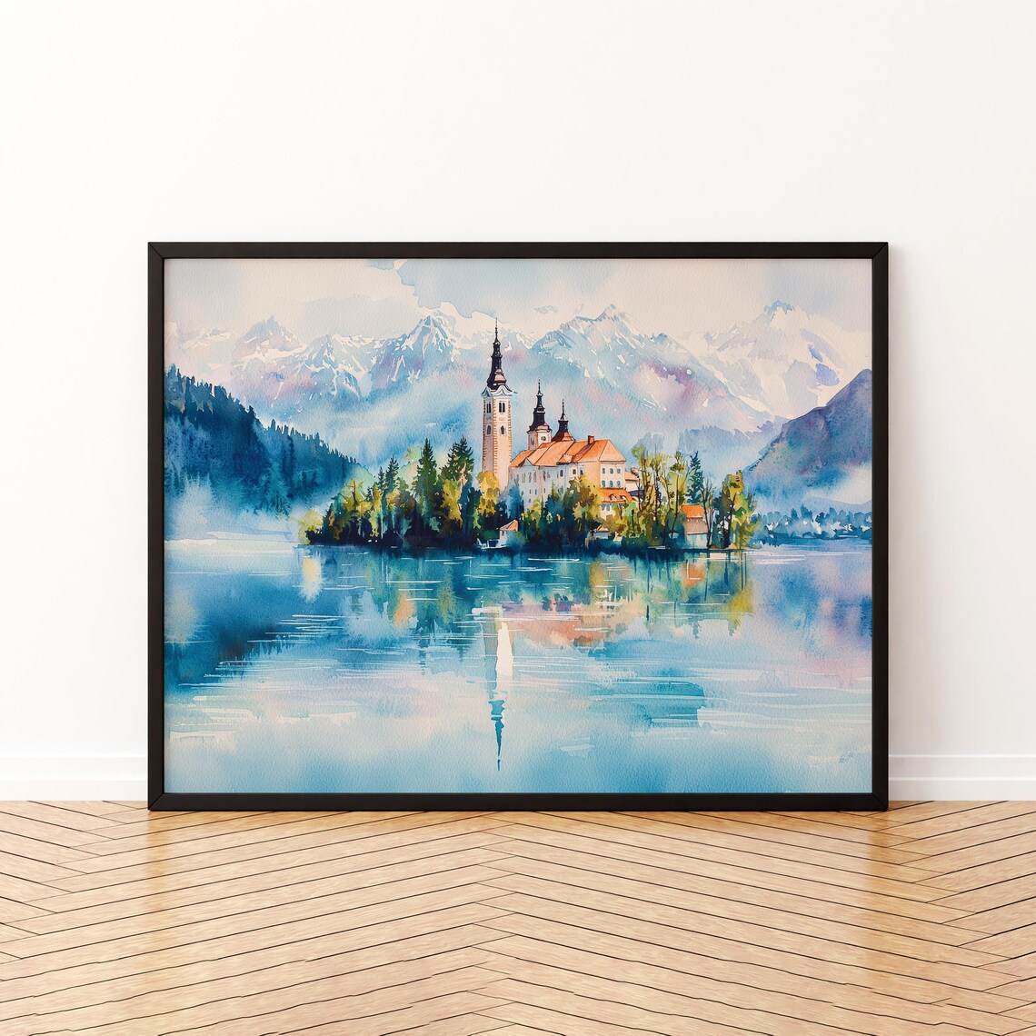 Lake Bled Watercolor Poster, Slovenia Landscape Art Print