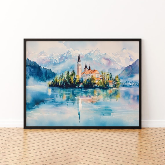 Lake Bled Watercolor Poster, Slovenia Landscape Art Print
