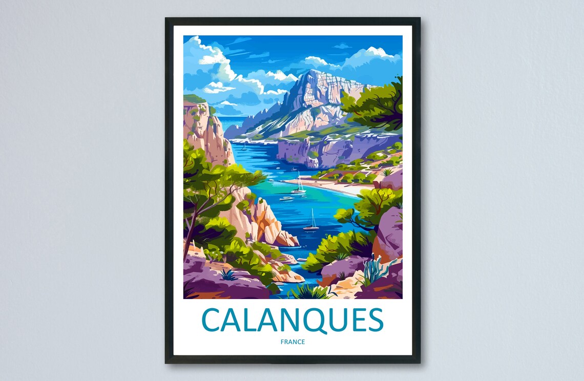 Calanques France Turquoise Cliffs Coastal Vintage Travel Poster