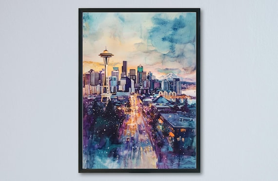 Seattle Watercolor Skyline Space Needle Cityscape Wall Poster