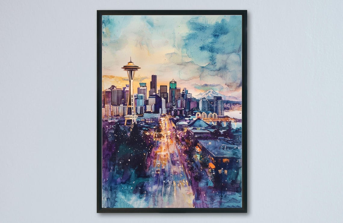 Seattle Watercolor Skyline Space Needle Cityscape Wall Poster