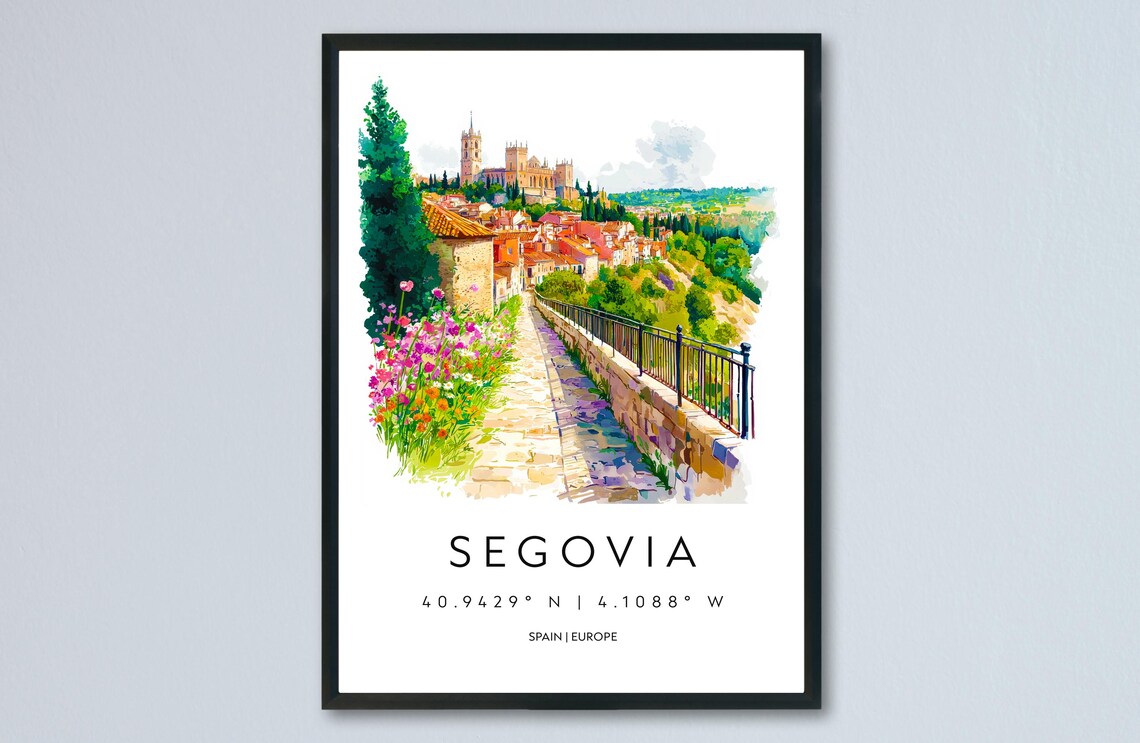 Segovia Spain Watercolor Cathedral Old Town Stone Path Travel Poster