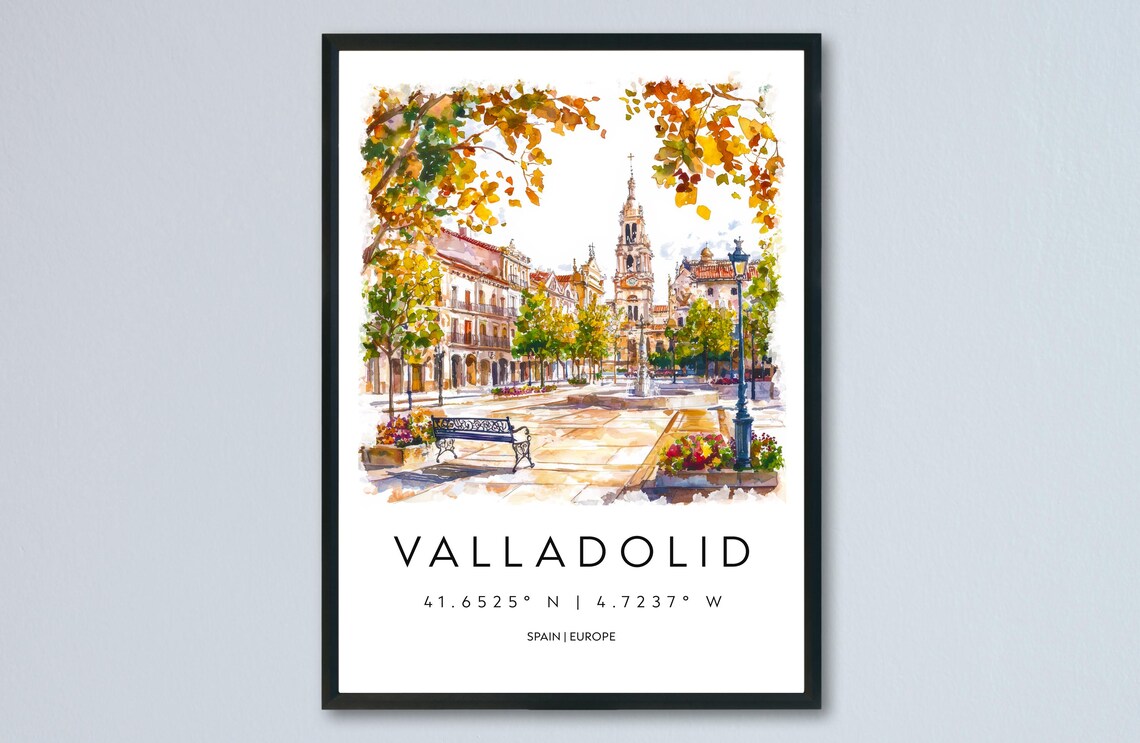 Valladolid Watercolor Spain Plaza Autumn Trees Church Travel Poster