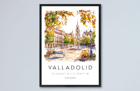 Valladolid Watercolor Spain Plaza Autumn Trees Church Travel Poster