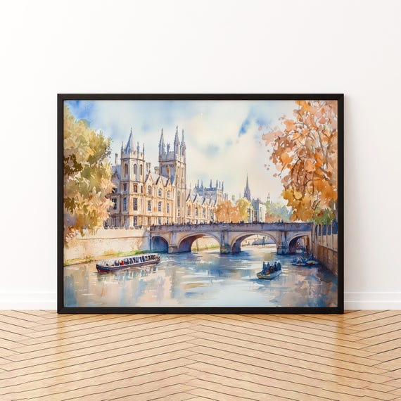 Cambridge Watercolor Poster Landscape Wall Art Hanging Home Dcor Gift Lovers United Kingdom