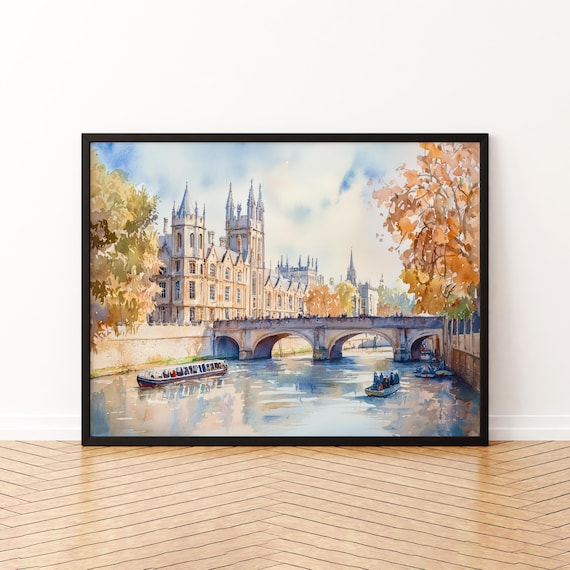 Cambridge Watercolor River Cam Bridge Punts Autumn England Print