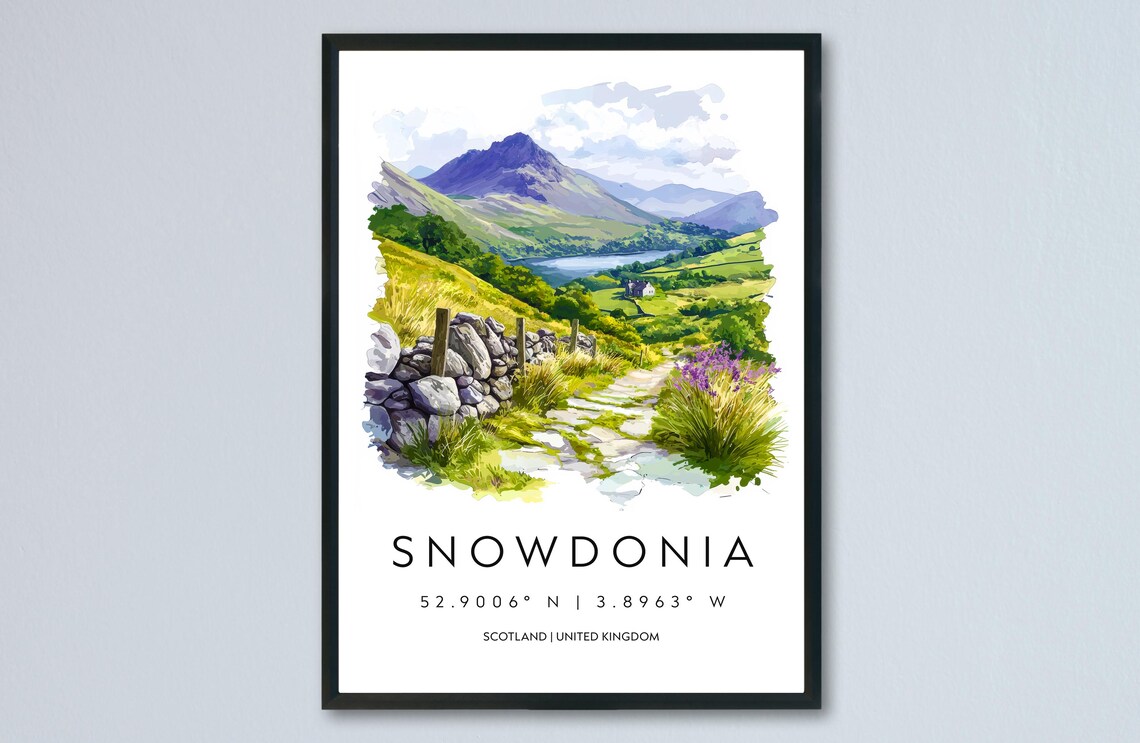 Snowdonia Watercolor Mountain Valley Path Landscape Travel Poster