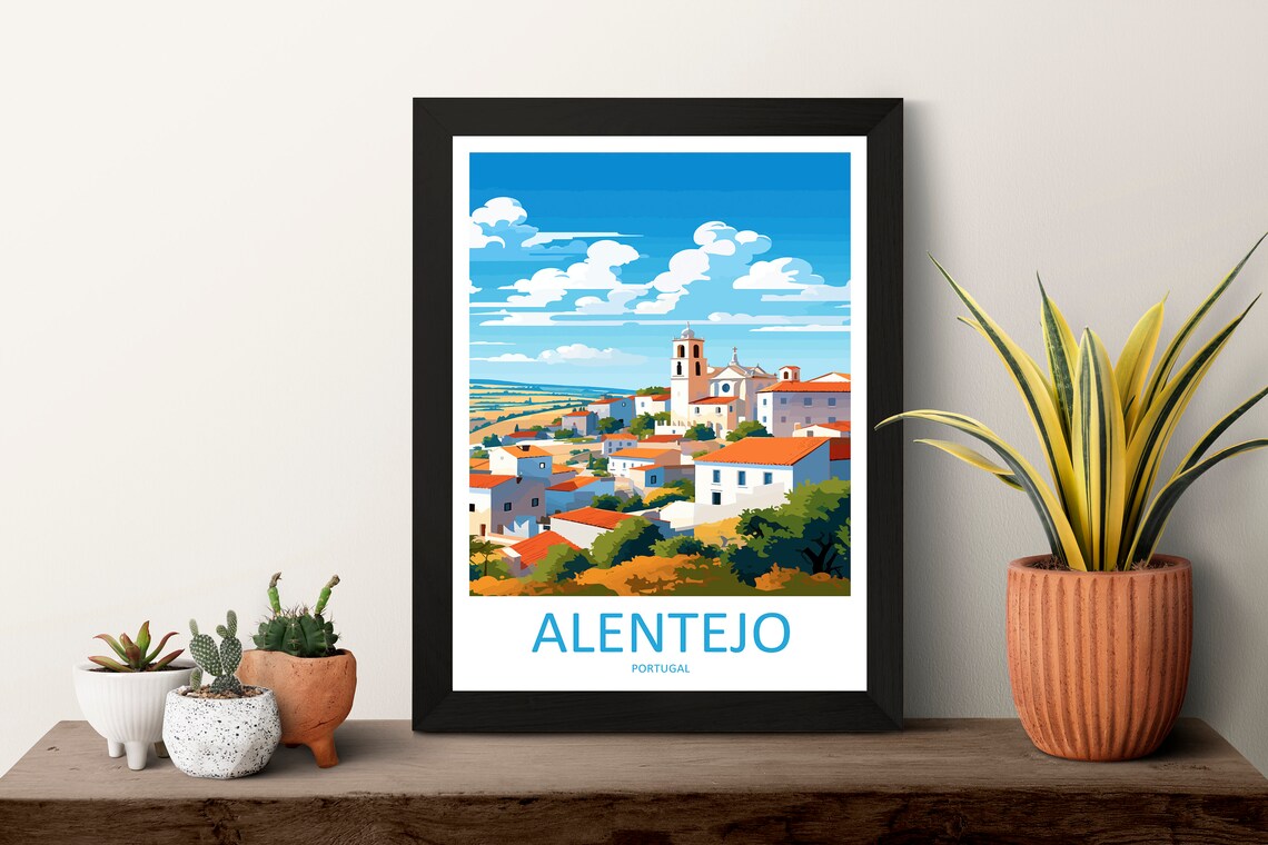 Alentejo Portugal Sunlit Hilltop Village Landscape Travel Poster - Image 3