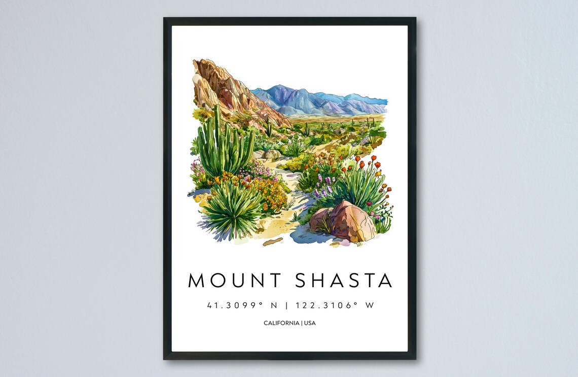 Mount Shasta California Watercolor Desert Bloom Mountain Travel Poster