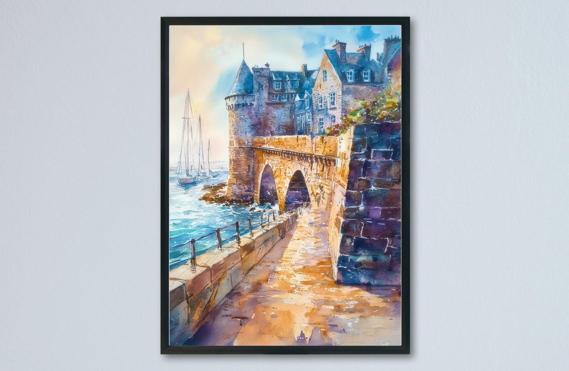 Saint Malo Watercolor Poster Travel Print France Wall Art Decor Coastal City Scene Historic Seaside Fortress