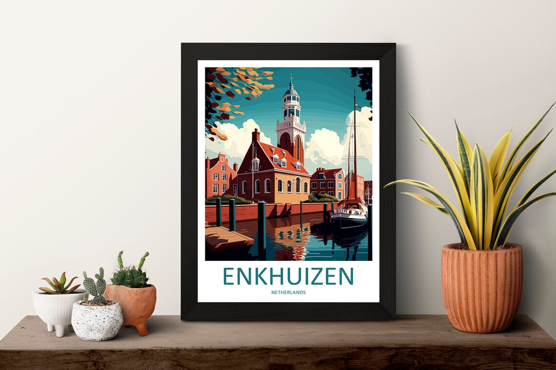 Enkhuizen Netherlands Vintage Harbor Church Tower Travel Poster - Image 3