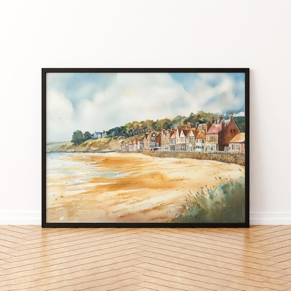 Seaside Coastal Village Beach Watercolor Beach House Travel Poster