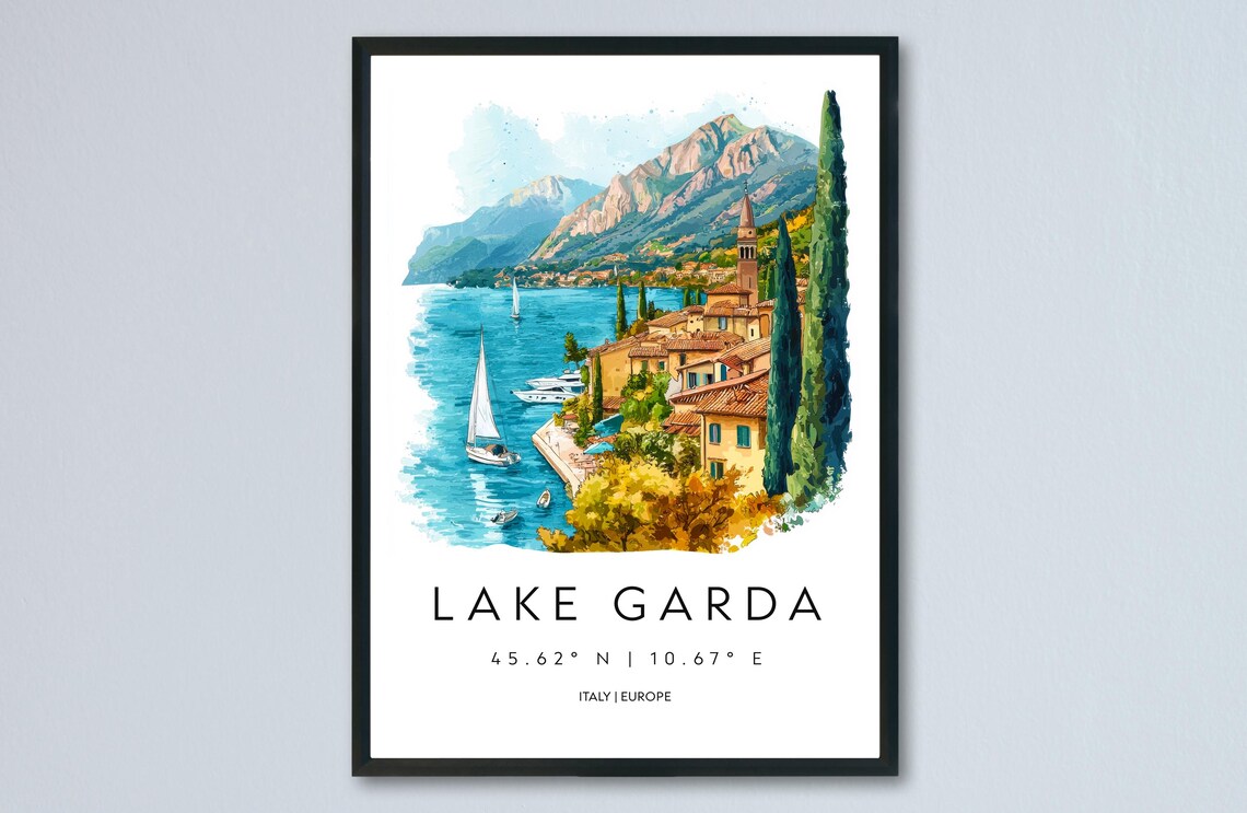 Lake Garda Italy Watercolor Travel Poster Sailboat Lake Scene