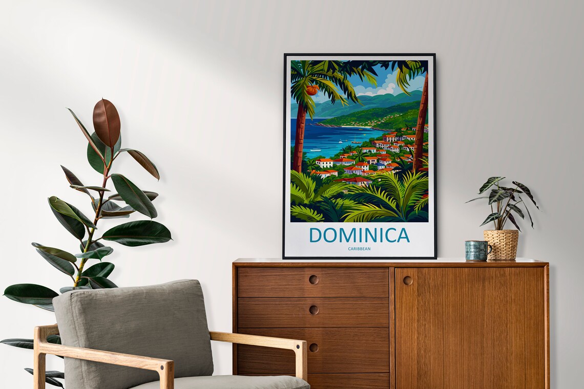 Dominica Coastal Town Red Roofs Caribbean Bay Vintage Travel Poster - Image 2