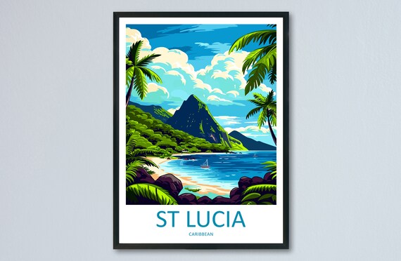 Saint Lucia Piton Mountain Palm Fringed Bay Caribbean Travel Poster