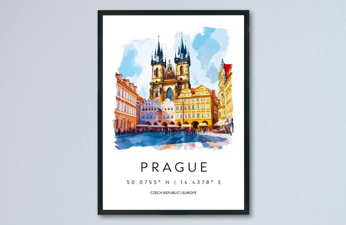 Prague Tyn Church in Sunny Pastel Tones Watercolor Travel Poster