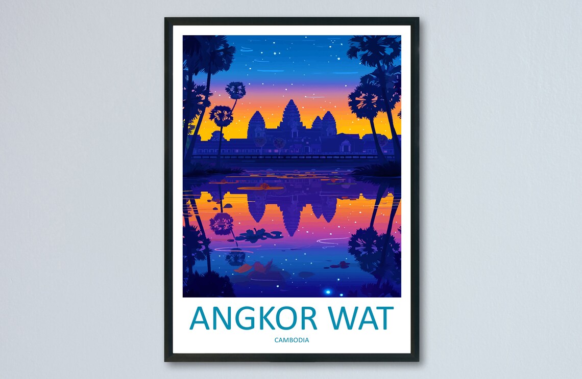 Angkor Wat Cambodia Temple Sunset Water Reflection Travel Poster